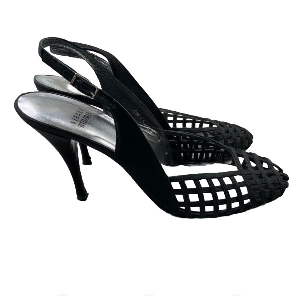 Stuart Weitzman Black Fabric and Leather Slingback Sandal. Size 8.